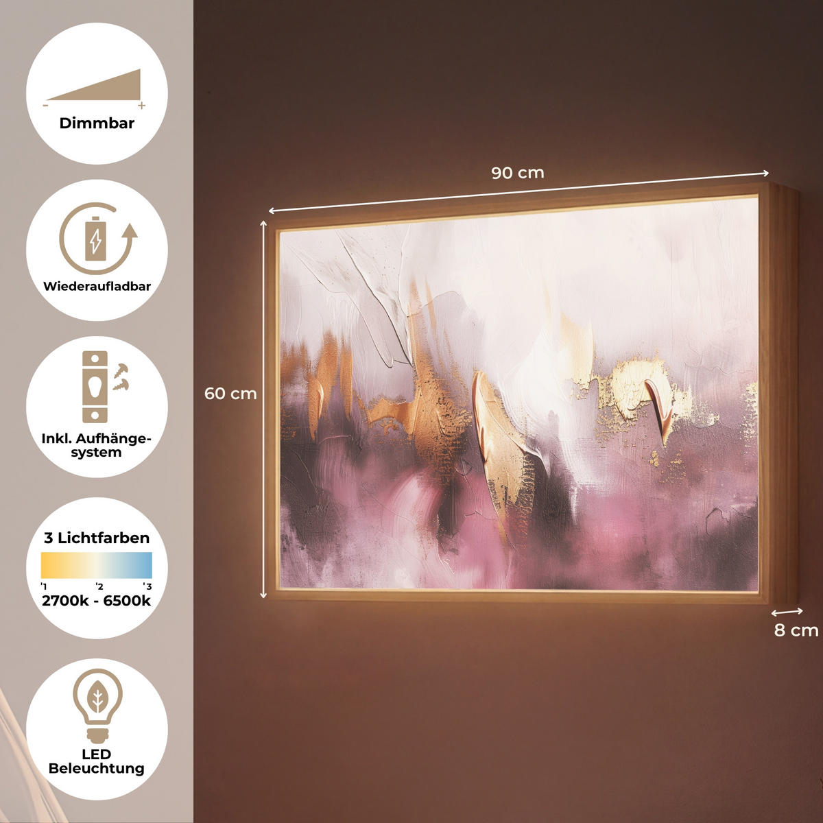 NÁSTĚNNÁ LAMPA S AKUMULÁTOREM Fialová - abstraktní - barva - zlatá 90x60 cm - světle fialová, kompozitní dřevo (90/60/8cm) - OnlyWow