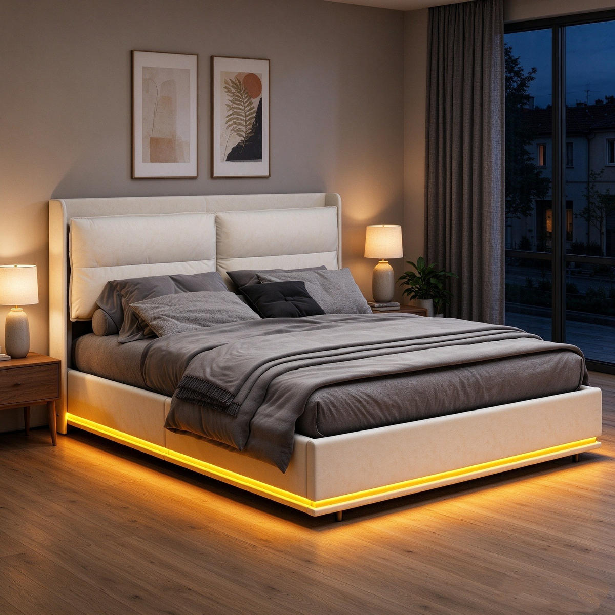 POLSTERBETT 140/200 cm, Beige, mit Stauraum, LED-Beleuchtung und Ladefunktion, Doppelbett mit Lattenrost - Beige/Naturfarben, Holz/Metall (140/200cm) - FURNISHINGS HOME