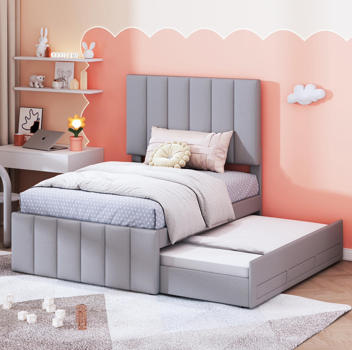 POLSTERBETT 90/200 cm Grau mit Polsterbett und 3 Schubladen - Grau, Textil (90/200cm) - Flora Grace