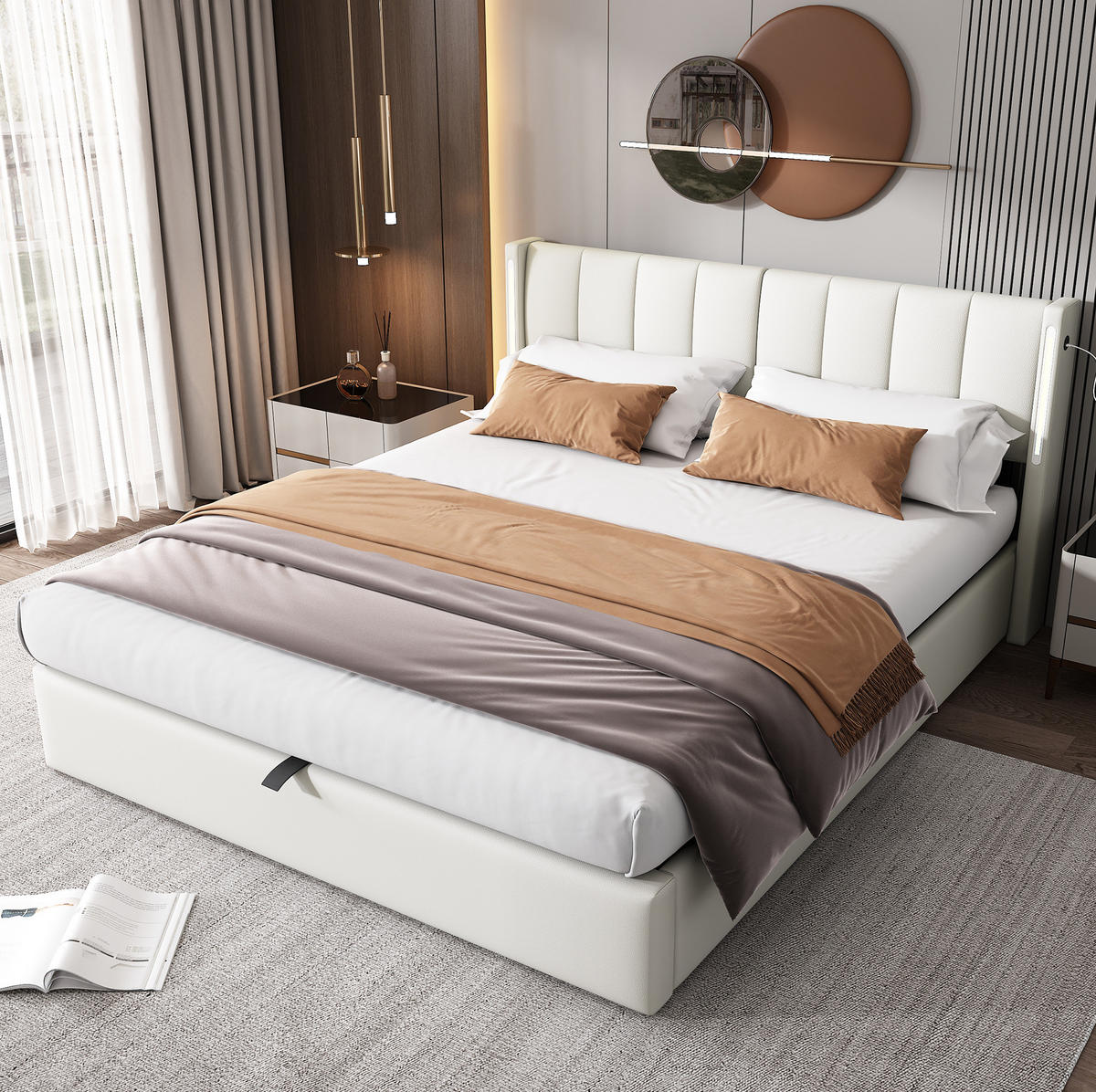 BETT mit Stauraum, LED und USB 140x190 cm PU Weiß - Weiß, Metall (140/190cm) - Meubliv