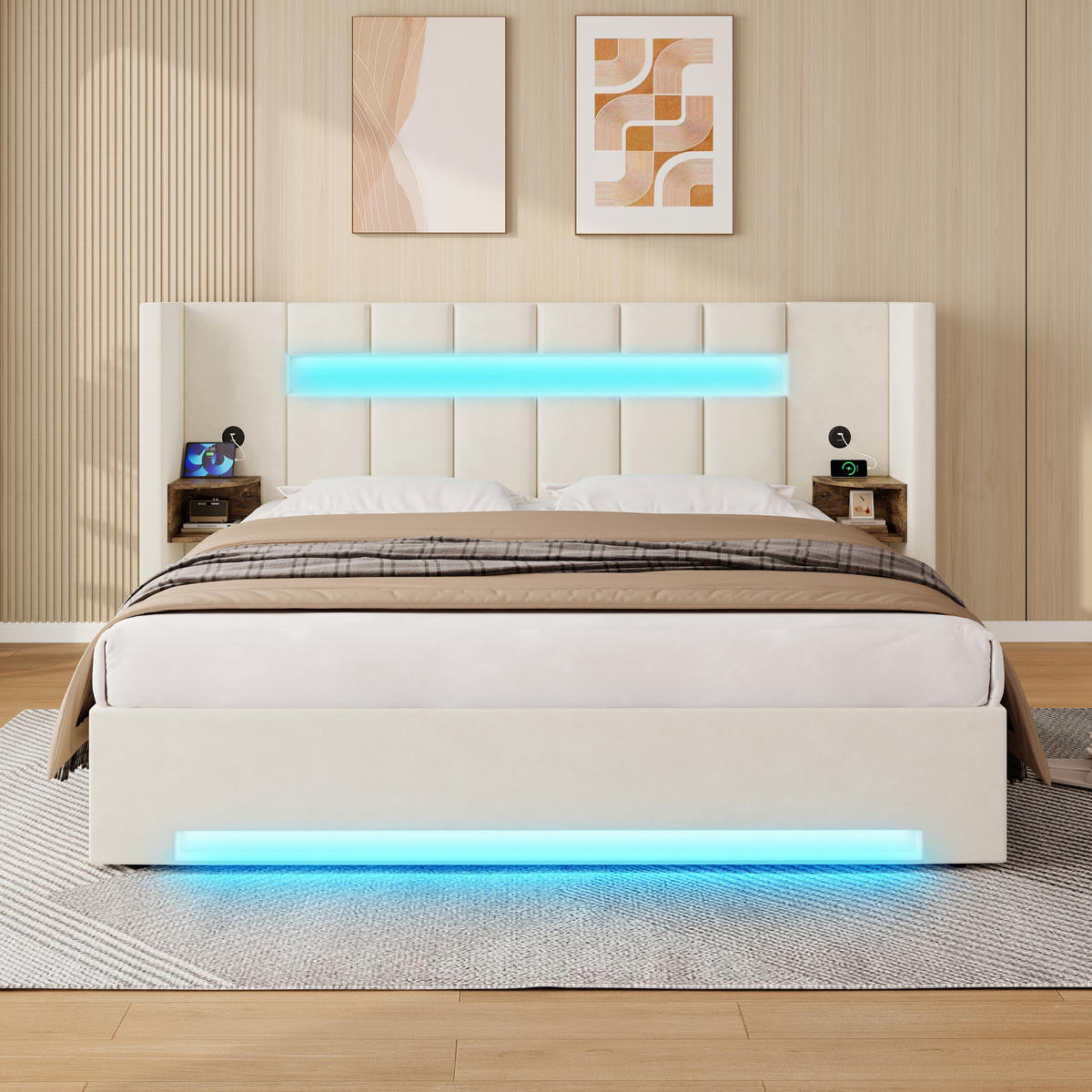 POLSTERBETT 180/200 cm Beige mit 2 USB und LED-Licht - Beige, Textil (180/200cm) - Oxeza