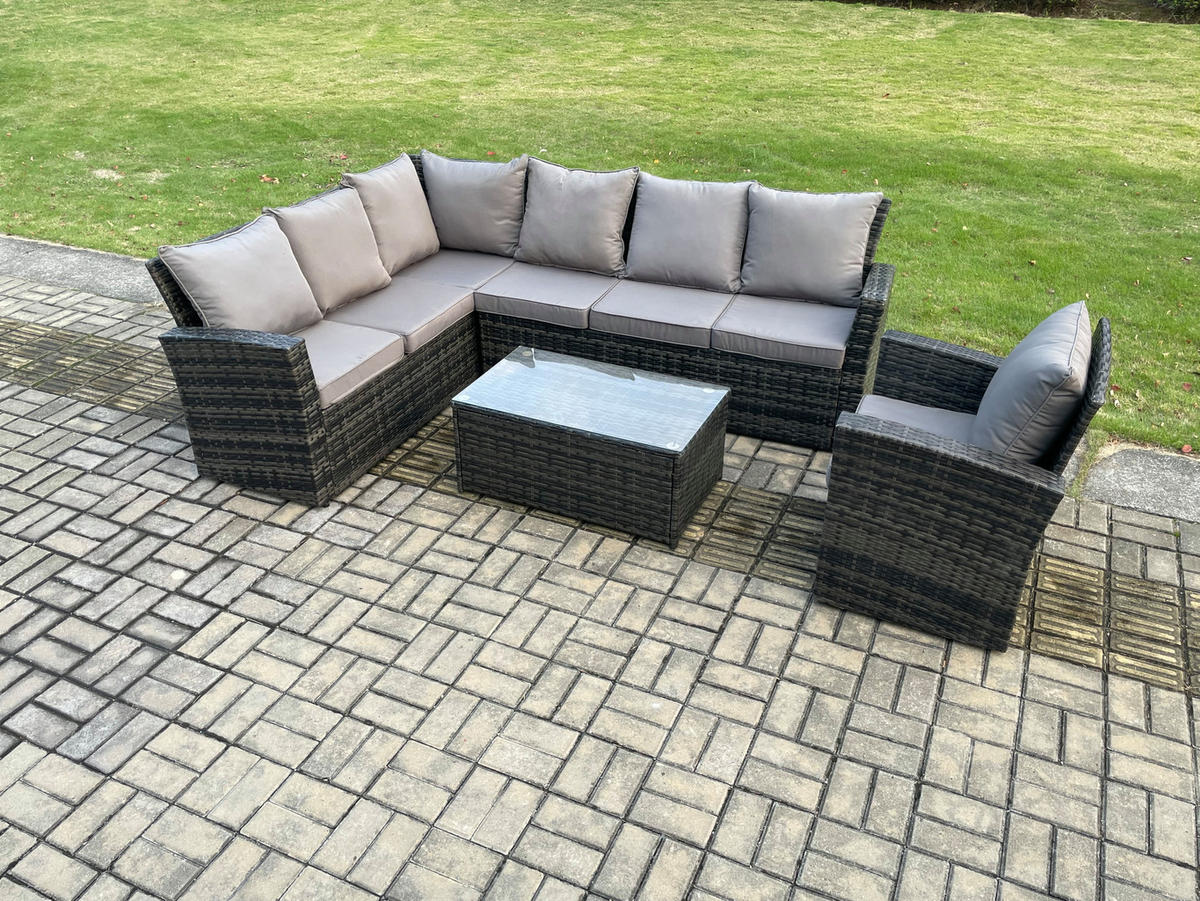 LOUNGEMÖBEL-SETS mit Couchtisch Sofa Polyrattan Dunkelgrau 7-Sitzer - Dunkelgrau/Grau, Glas/Kunststoff - Fimous