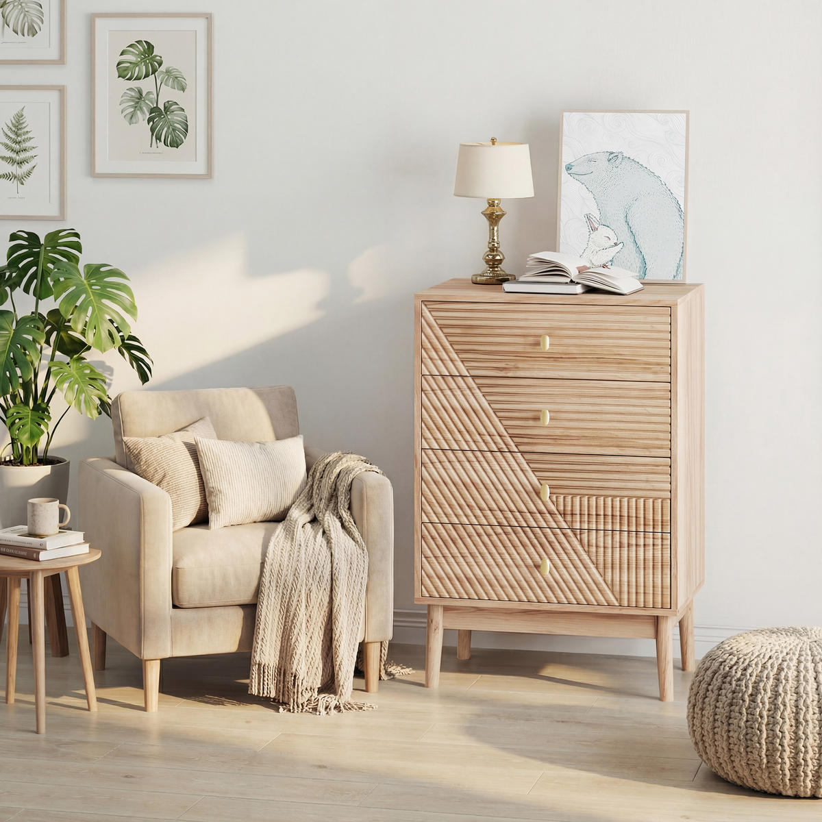 SIDEBOARD 60 cm Eiche – Schubladenschrank mit 4 Schubladen & Holzbeinen Modern - Eichefarben, Holzwerkstoff (60/90/40cm) - Urban Meuble