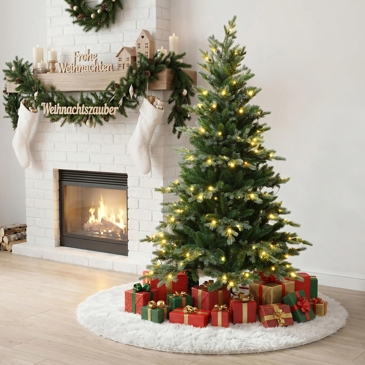 KÜNSTLICHER Weihnachtsbaum 150 cm mit Beleuchtung,8 Lichtmodi - Grün, Kunststoff (100/150/100cm) - Hometopia