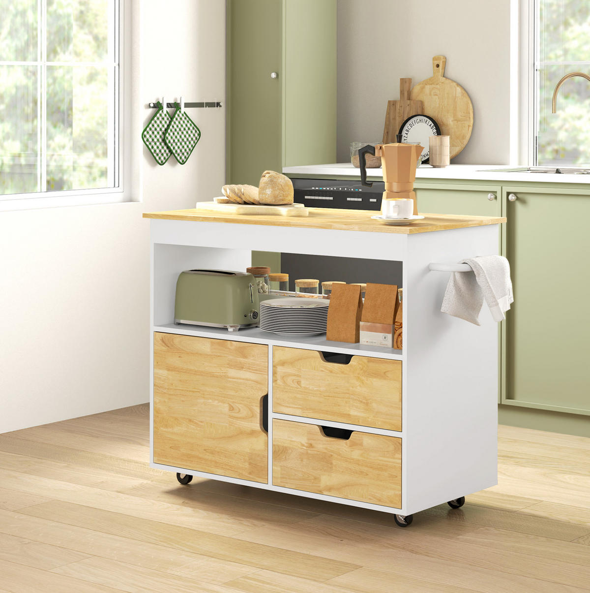 KÜCHENINSEL 107/50/85 cm eiche aus Holz mit Rollen und Soft-Close-Tür - Eichefarben, Holz (107/85/50cm) - OKWISH