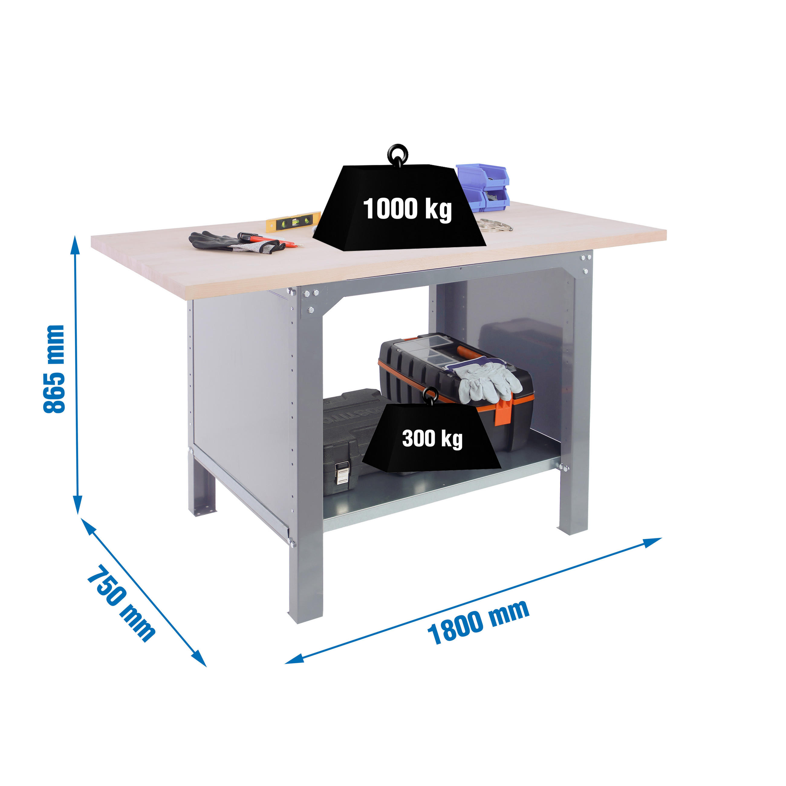 WERKBANK Buffalo Wood HxBxT 86,5 x 180 x 75 cm Traglast 1000 kg Grau - Grau, Metall (180/86.5/75cm) - PROREGAL