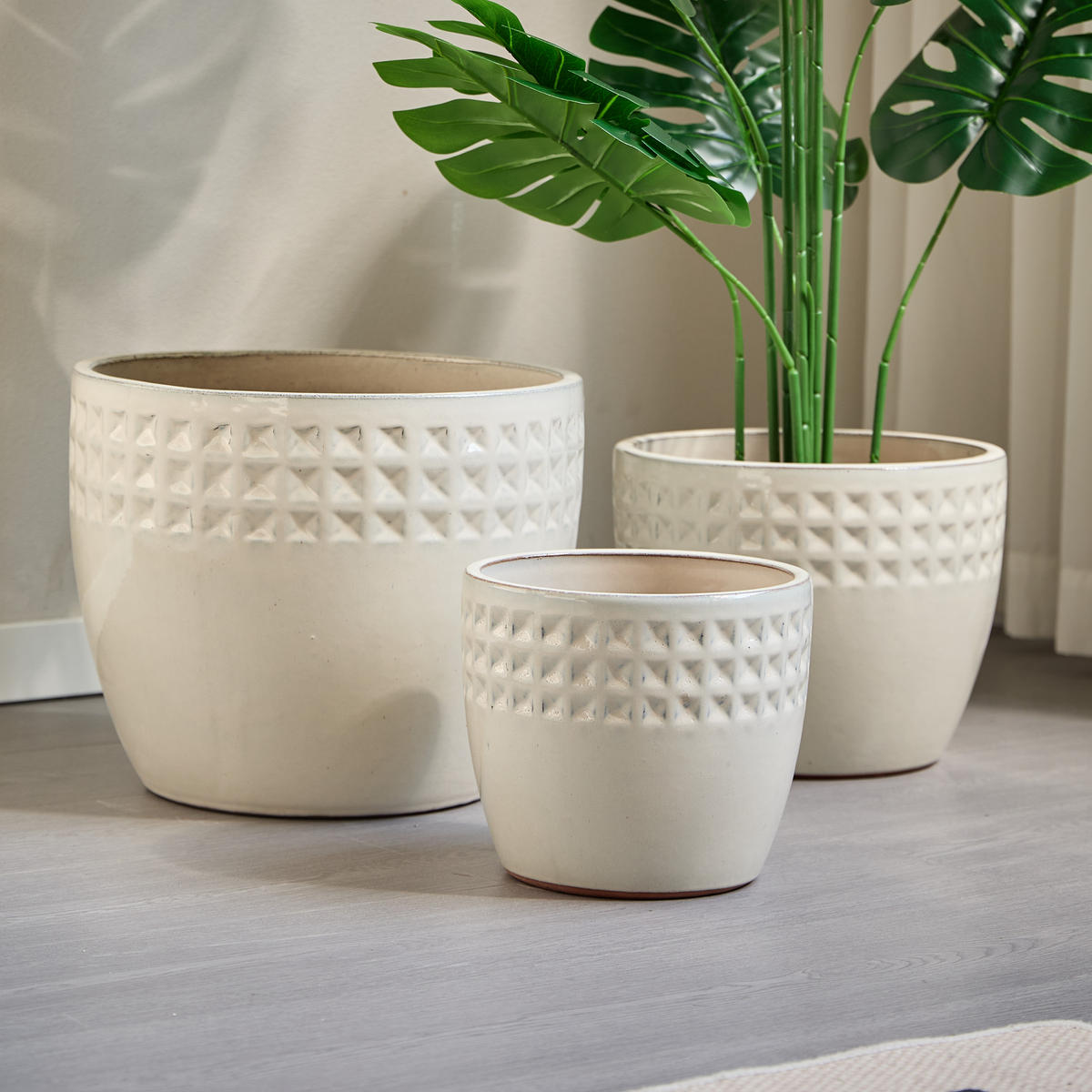 PFLANZTOPF Ancient White Ø 38/30/23 cm, 3er Set, Keramik, Rautenmuster - Weiß, Keramik (32cm) - PANGIVO