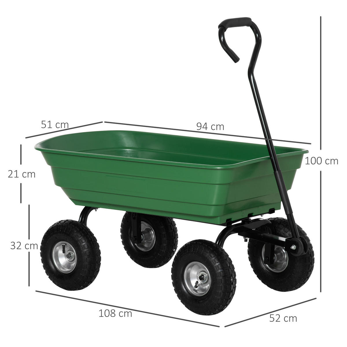 GARTENWAGEN DE-17598 100 L Kippmulde, 250 kg, 4 Luftreifen Grün - Grün, Metall (52/100/108cm) - ComfortXL