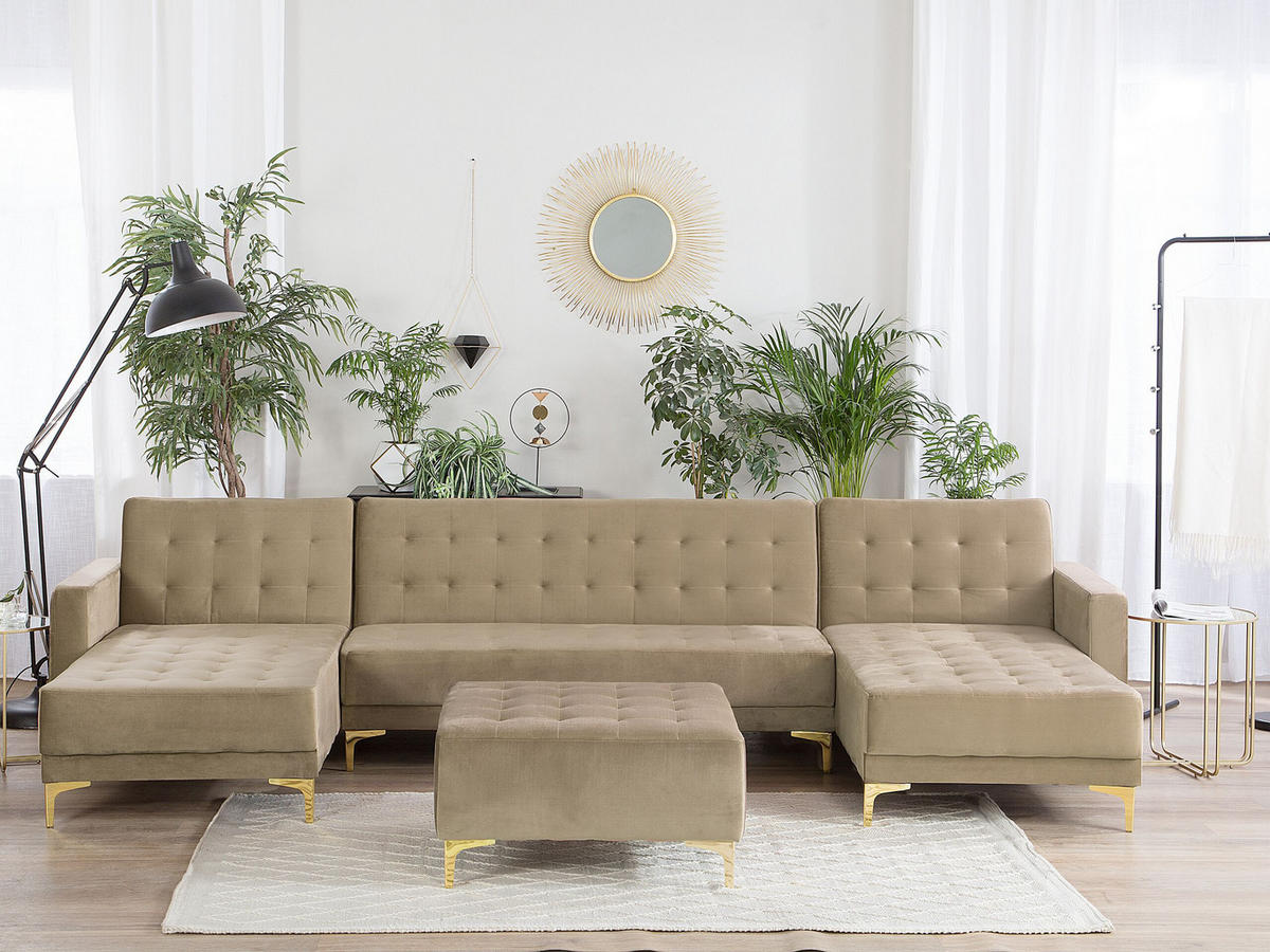 SCHLAFSOFA U-förmig mit Ottomane Samtstoff Beige Aberdeen - Beige, Textil (348/83/168cm) - Beliani