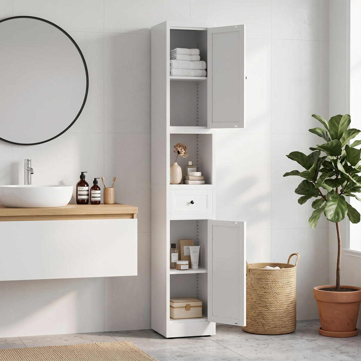 BADEZIMMERSCHRANK Weiß Hochschrank 5 Ebenen 2 Türen - Weiß, Holzwerkstoff (30/180/30cm) - Urban Meuble