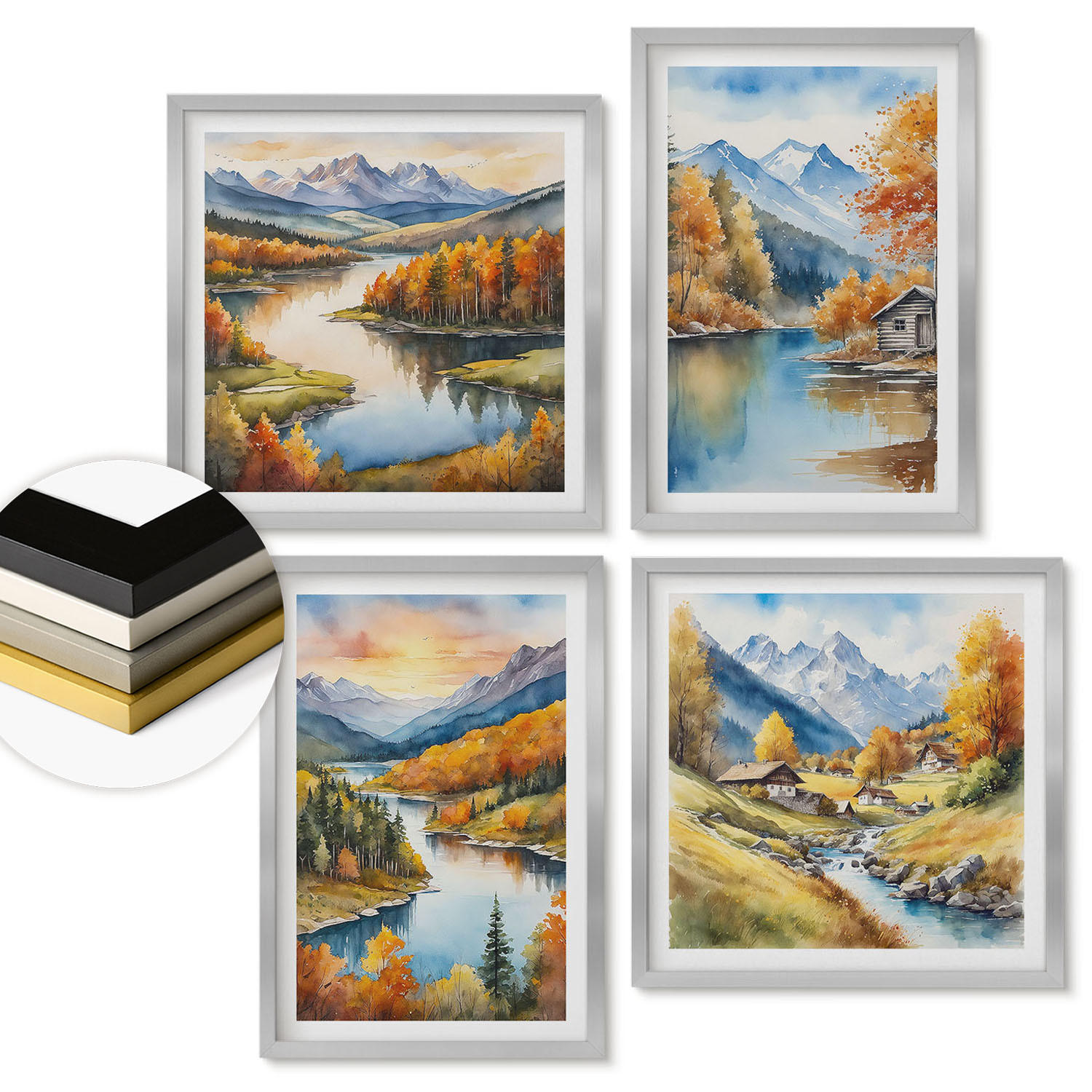 WANDBILDER 4er Set - 50x50 cm & 40x60 cm Silberner Rahmen - Herbstliche Berge, Flusshütte - Silberfarben, Kunststoff (50/50cm) - ArtPrintCave