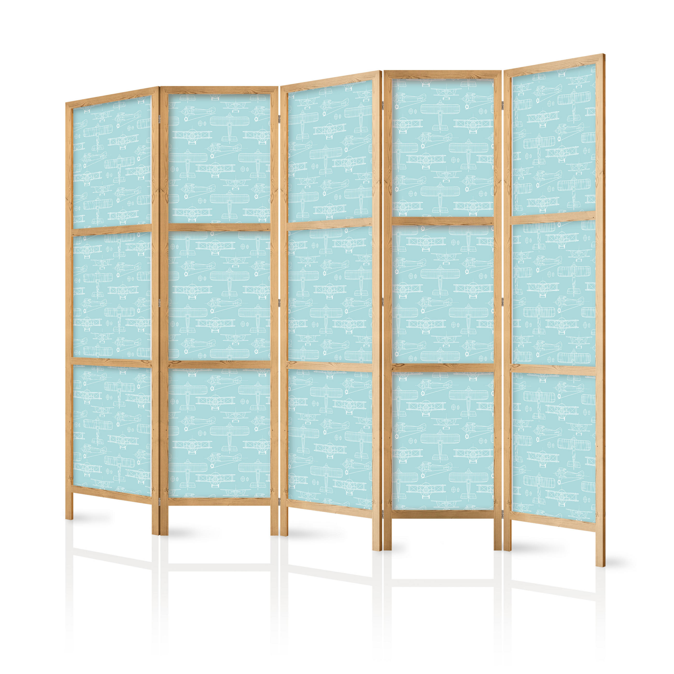 PARAVENT Japanischer 5-tlg 225x172 cm Flugzeuge - Blau, Holz/Textil (225/172/3cm) - Muralo