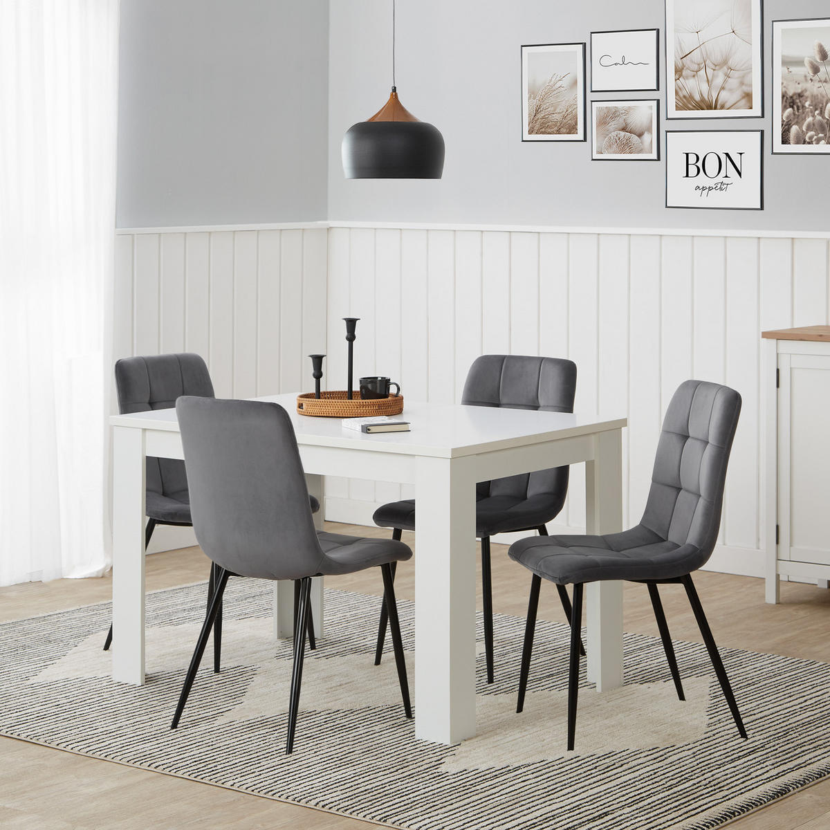 TISCHGRUPPE 120-153/80 cm weiß mit 4 Stühle Samt Grau - Weiß/Grau, Holz/Textil (80/88/120cm) - Homestyle4u