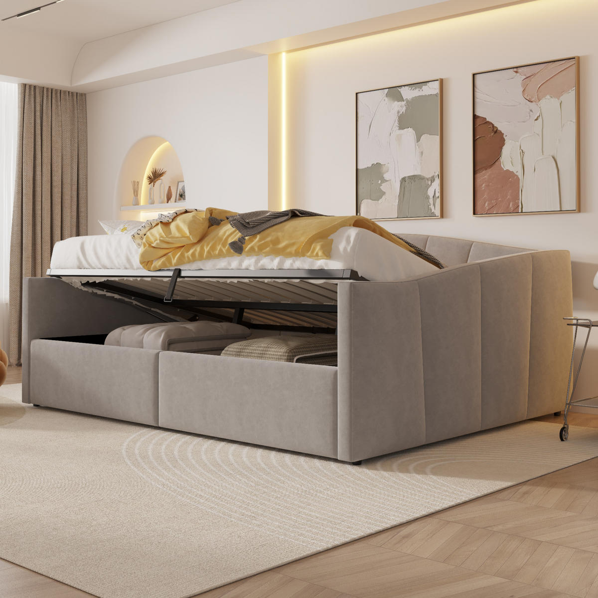 POLSTERBETT Schlafsofa 140/200 cm mit hydraulischem Bettkasten, Lattenrost, Armlehnen und Samtbezug, Hellgrau - Hellgrau, Leder (140/200cm) - Redom