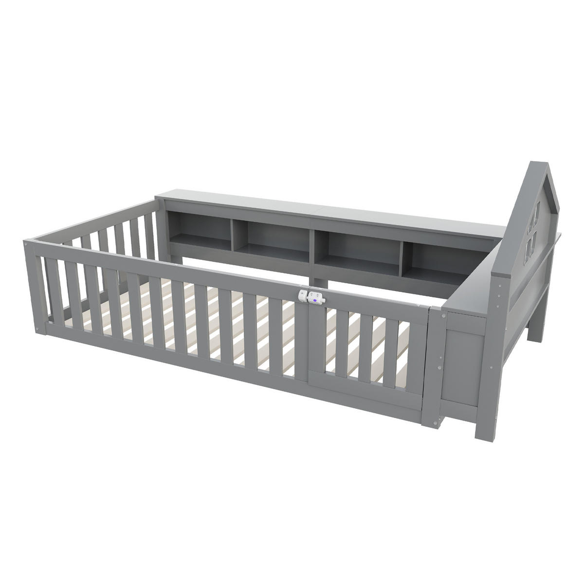 KINDERBETT 90/200 cm grau mit Dachleiste und Staufach - Grau, Holz (90/200cm) - OKWISH