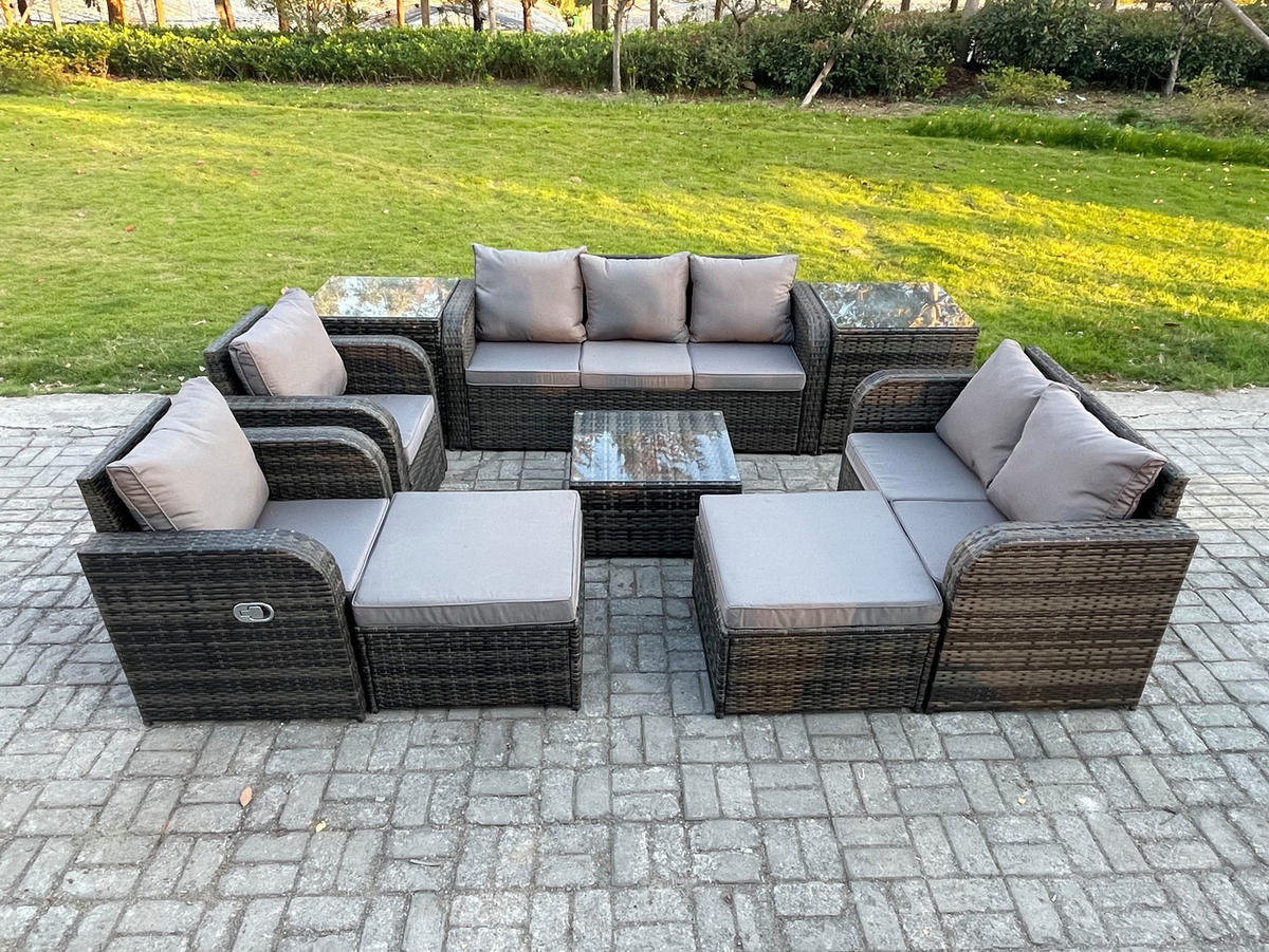 GARTENSOFA SET mit Couchtisch Polyrattan Dunkelgrau 9-teilige - Dunkelgrau/Grau, Glas/Kunststoff - Fimous