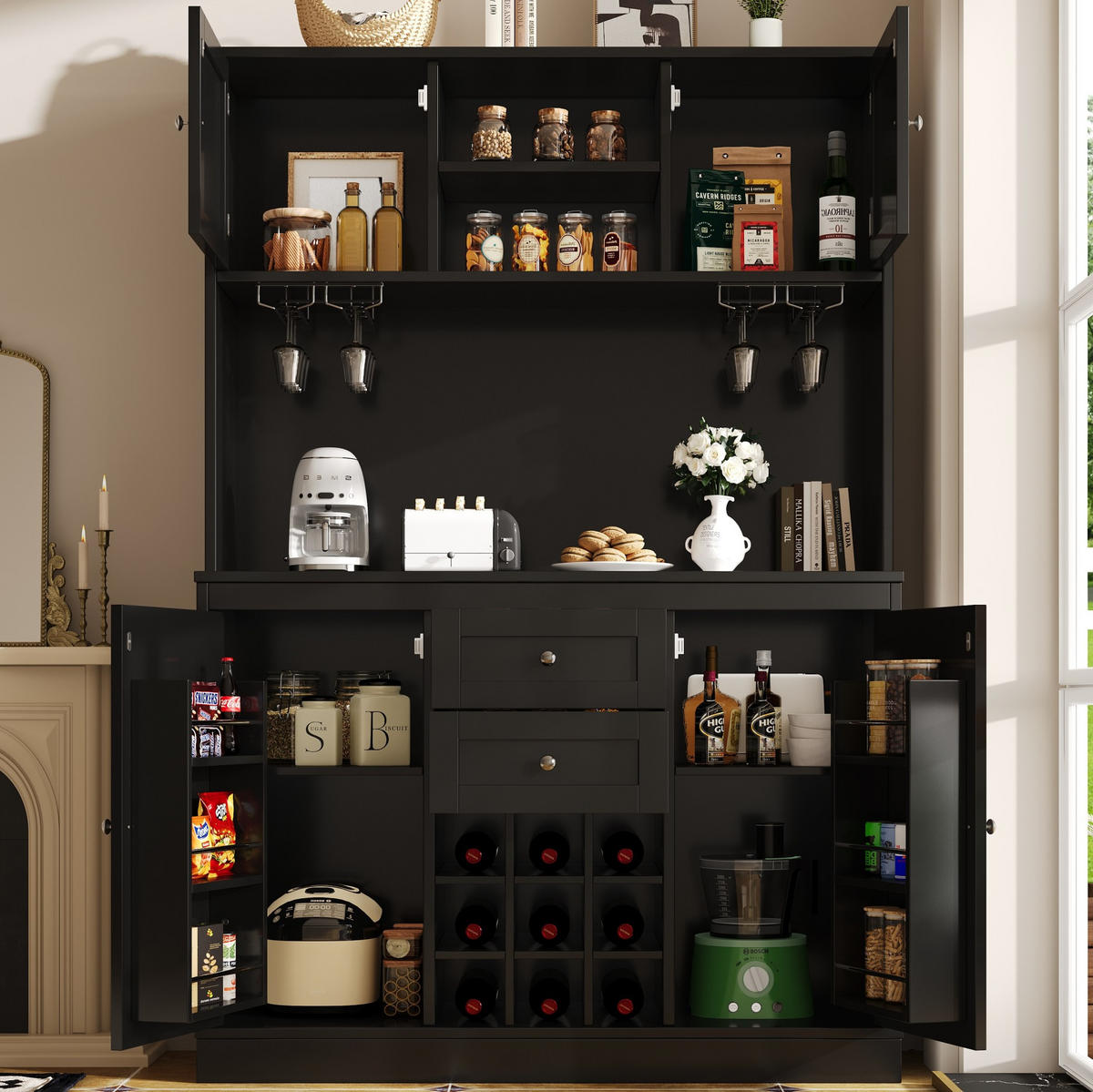 BUFFET 120/40/188 cm schwarz aus MDF mit Weinregal - Schwarz, Holzwerkstoff (120/188/40cm) - OKWISH