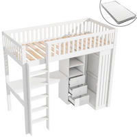 HOCHBETT 90/200 cm mit Schreibtisch und Kleiderschrank in Weiß mit Matratze - Weiß, Holzwerkstoff (90/200cm) - OKWISH