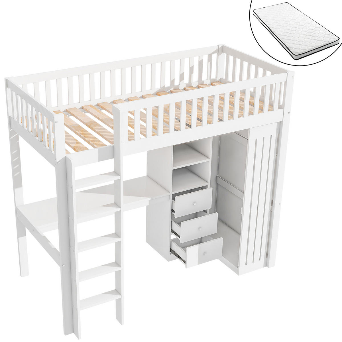 HOCHBETT 90/200 cm mit Schreibtisch und Kleiderschrank in Weiß mit Matratze - Weiß, Holzwerkstoff (90/200cm) - OKWISH