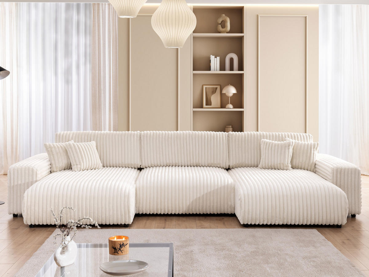 WOHNLANDSCHAFT Mollis Hellbeige Plüschcord mit Schlaffunktion - Beige/Schwarz, Holz/Kunststoff (350/77/168cm) - S-Style Möbel