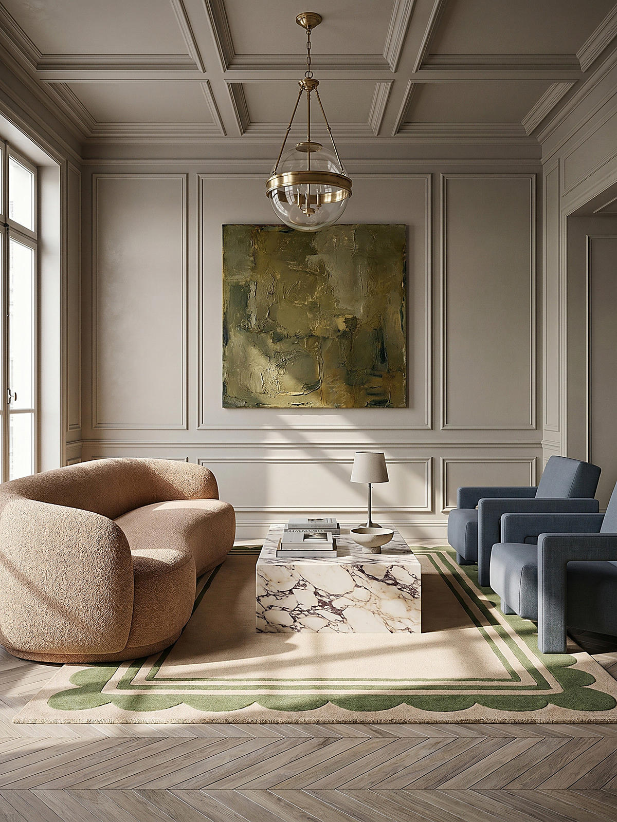 WOLLTEPPICH Grafisches Muster, Rahmen, Wohnzimmer schmutzabweisend Grün-Beige Rechteckig 120x170 - Grün, Textil (170/120cm) - KADIMA DESIGN