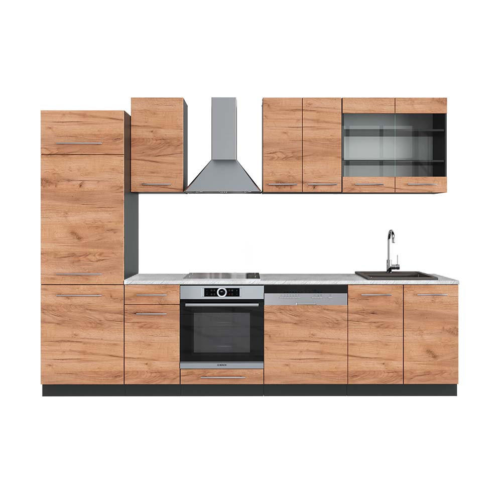 KÜCHENZEILE Fame-Line Goldkraft Eiche/Anthrazit 300 cm, AP Marmor - Anthrazit/Eiche Wotan, Holzwerkstoff (300/81.6/60cm) - Vicco