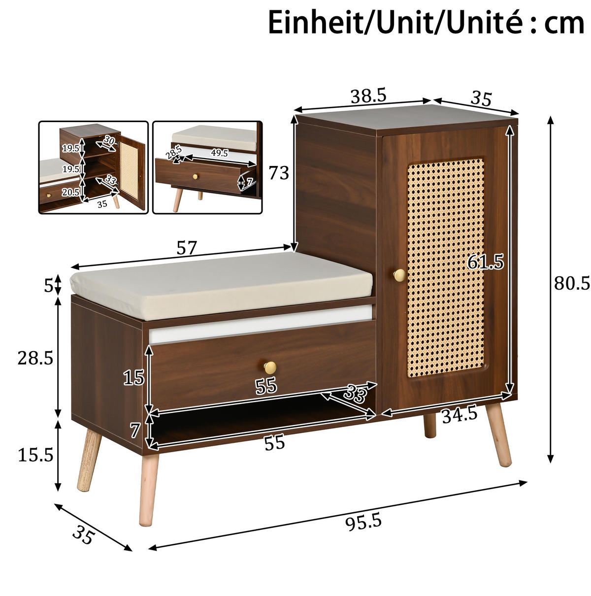 SCHUHSCHRANK aus MDF & Spanplatte 95,5x35x80,5cm in Nussbaum mit Sitzkissen - Nussbaumfarben, Holzwerkstoff (95.5/80.5/35cm) - Modfu