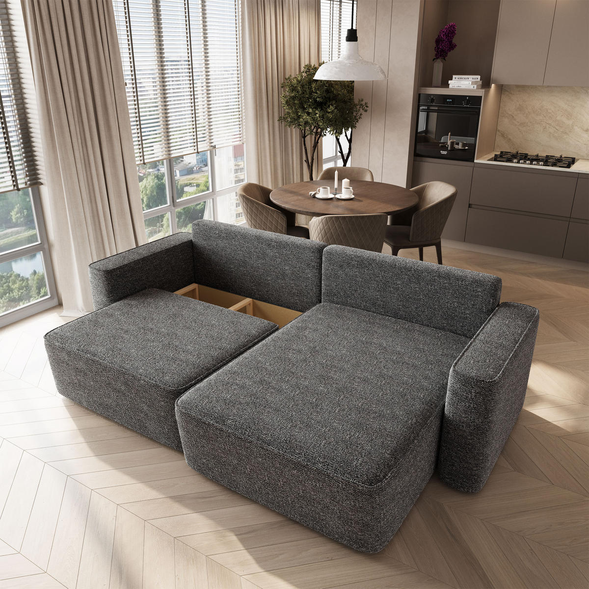 ECKSOFA BELISE BL Grau Chenille mit Schlaffunktion - Grau, Holz/Textil (252/162cm) - MASSENO
