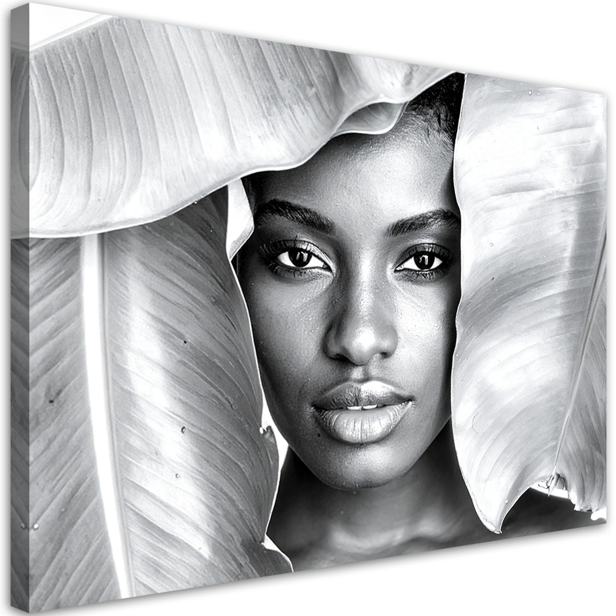 LEINWANDBILD Porträt einer Frau und silberne Blätter 90x60cm - Grau, Textil (90/60cm) - Feeby