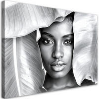 LEINWANDBILD Porträt einer Frau und silberne Blätter 90x60cm - Grau, Textil (90/60cm) - Feeby