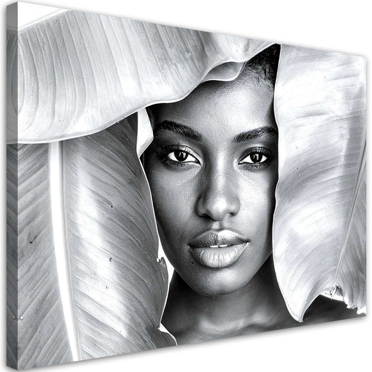 LEINWANDBILD Porträt einer Frau und silberne Blätter 90x60cm - Grau, Textil (90/60cm) - Feeby