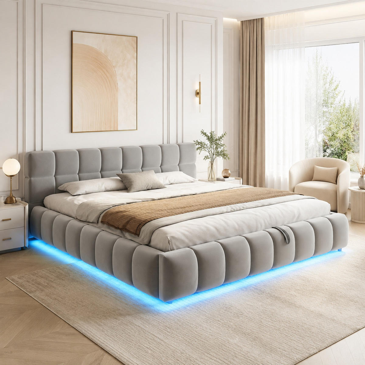 POLSTERBETT 180/200 mit LED und hydraulischem Stauraum in Grau - Grau, Holzwerkstoff/Textil (180/200cm) - EVRYAE