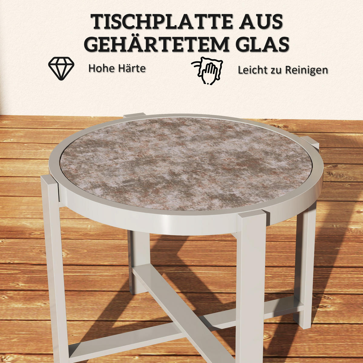 BEISTELLTISCH DE-07281 rund, wetterfest mit Marmoroptik Grau - Grau, Glas/Metall (60/60/46cm) - ComfortXL