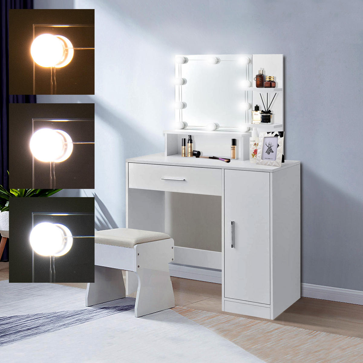 SCHMINKTISCH LED mit HOCKER - Weiß, Holzwerkstoff (38/137/90cm) - ML-DESIGN
