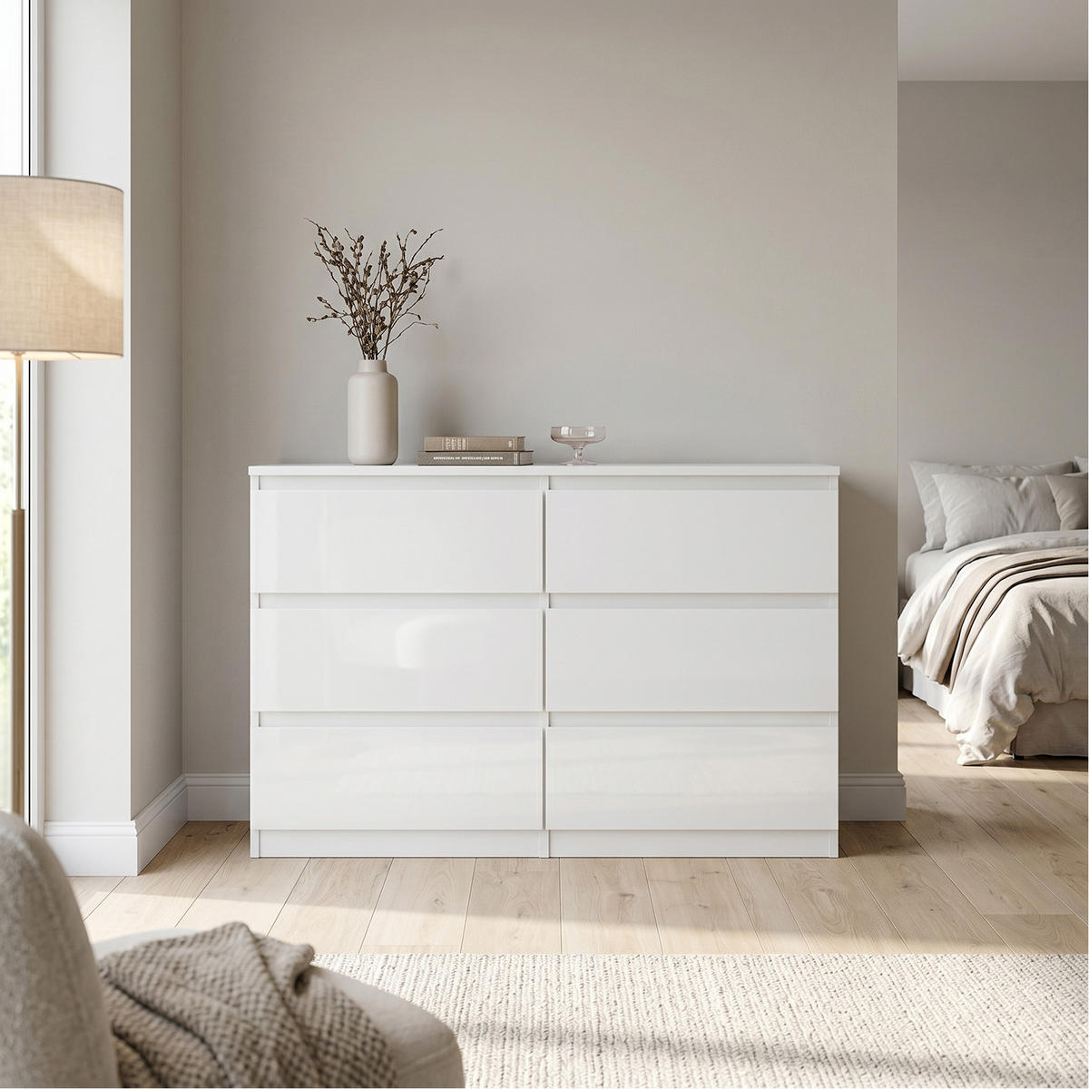 KOMMODE NUDO 138,5/78,5/39cm mit 6 Schubladen Türen Weiß - Weiß Hochglanz/Weiß, Holzwerkstoff (138.5/78.5/39cm) - MASSENO