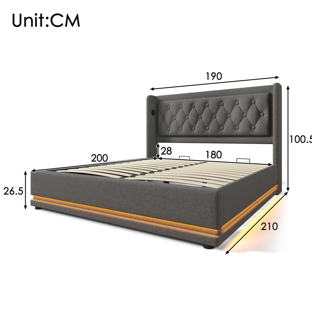 POLSTERBETT 180/200 cm Grau aus Baumwolle mit Bettkasten, USB-C und LED - Grau, Textil (180/200cm) - OKMYHOME