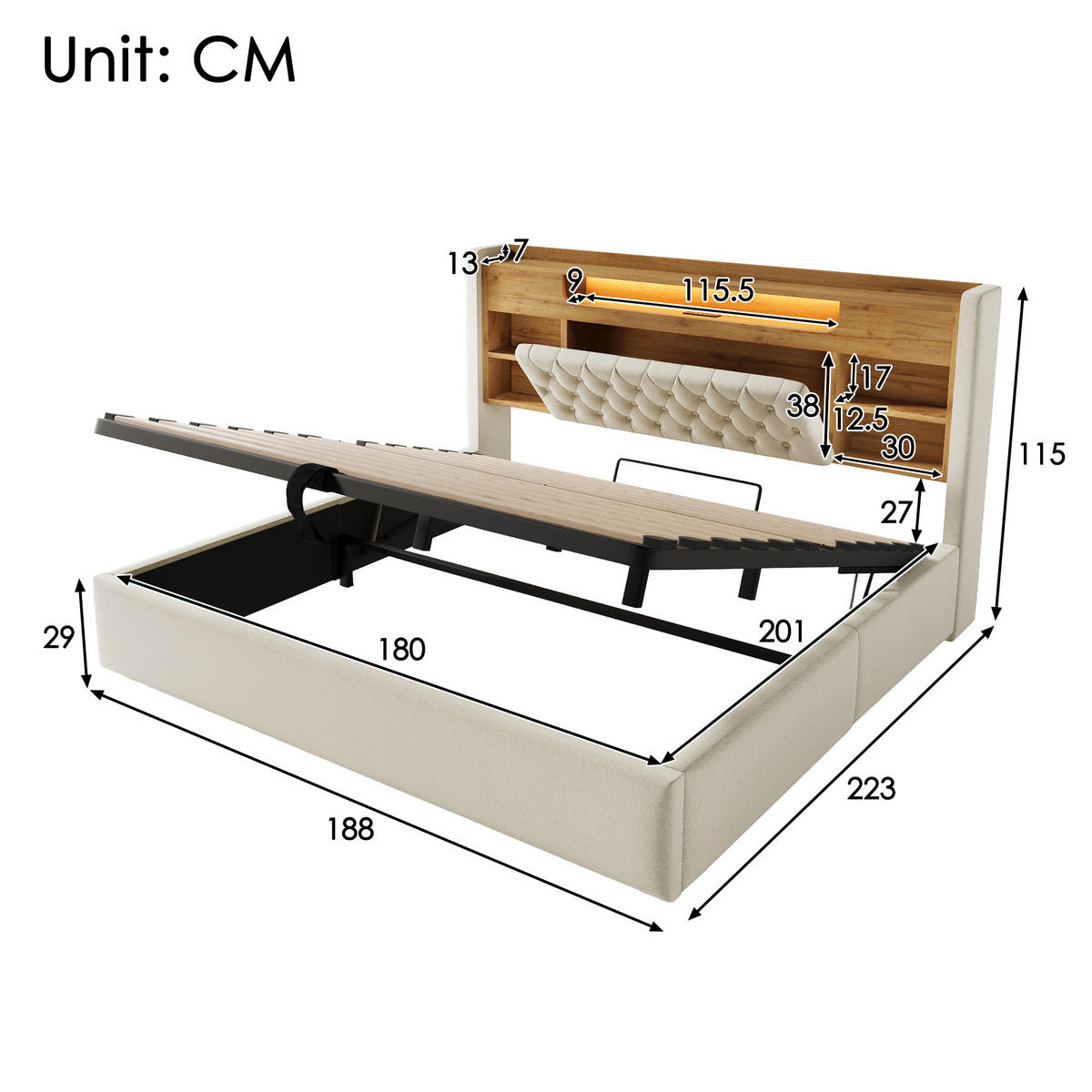 POLSTERBETT 180/200 cm in Beige aus Leinen mit LED, USB-C und Stauraum - Beige, Holzwerkstoff/Textil (180/200cm) - WISHDOR