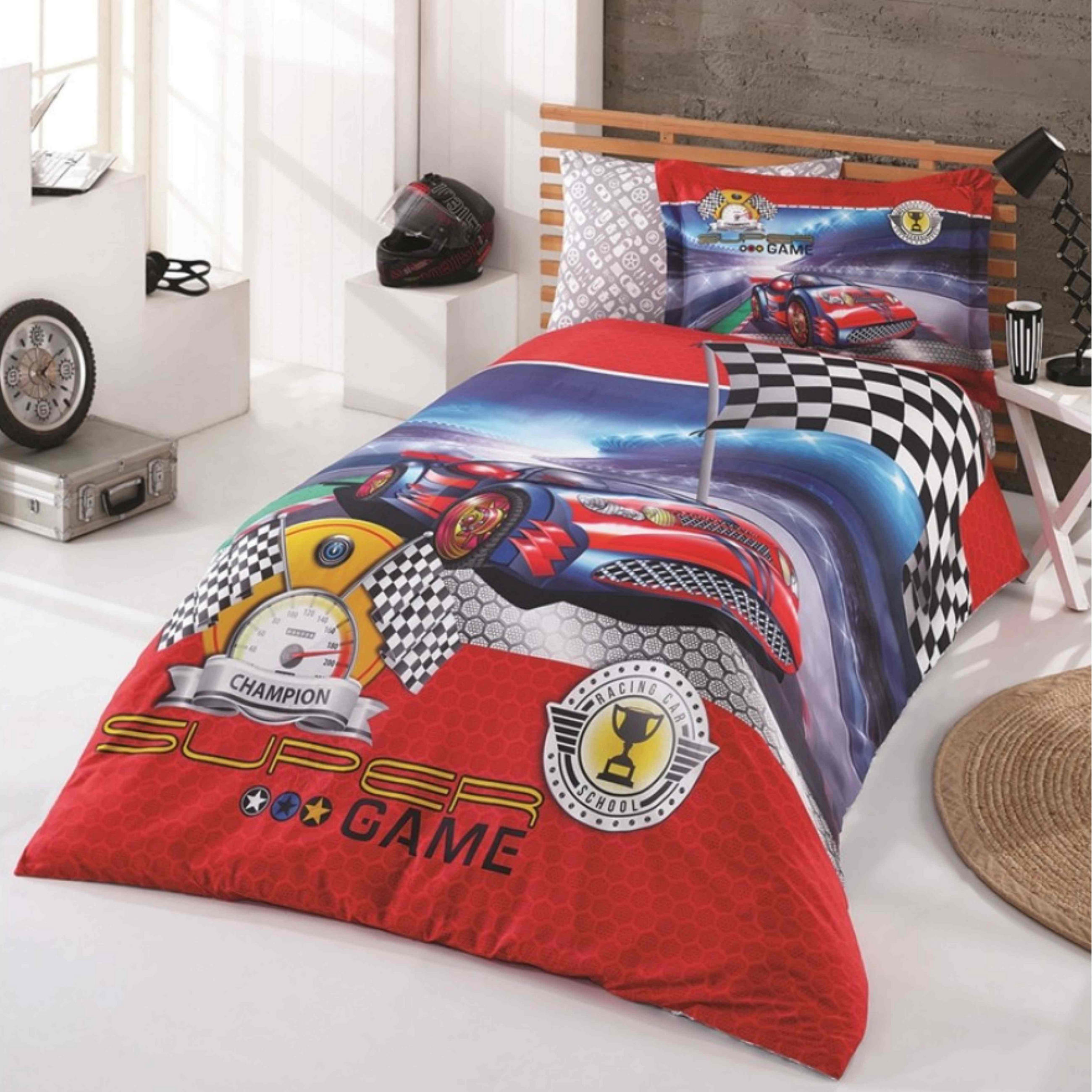 BETTWÄSCHE Champion für Kinder 140/200 cm mit Kissenbezug 80/40 cm 2-tlg. - Rot, Naturmaterialien/Textil (140/200cm) - Aileenstore