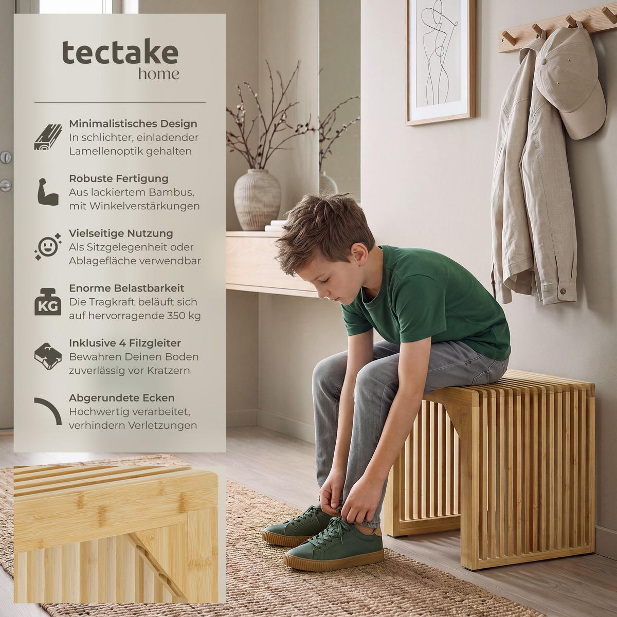HOCKER Ribb, Belastbarkeit 350 kg, Bambus - Beige, Holz (45/43/35cm) - tectake