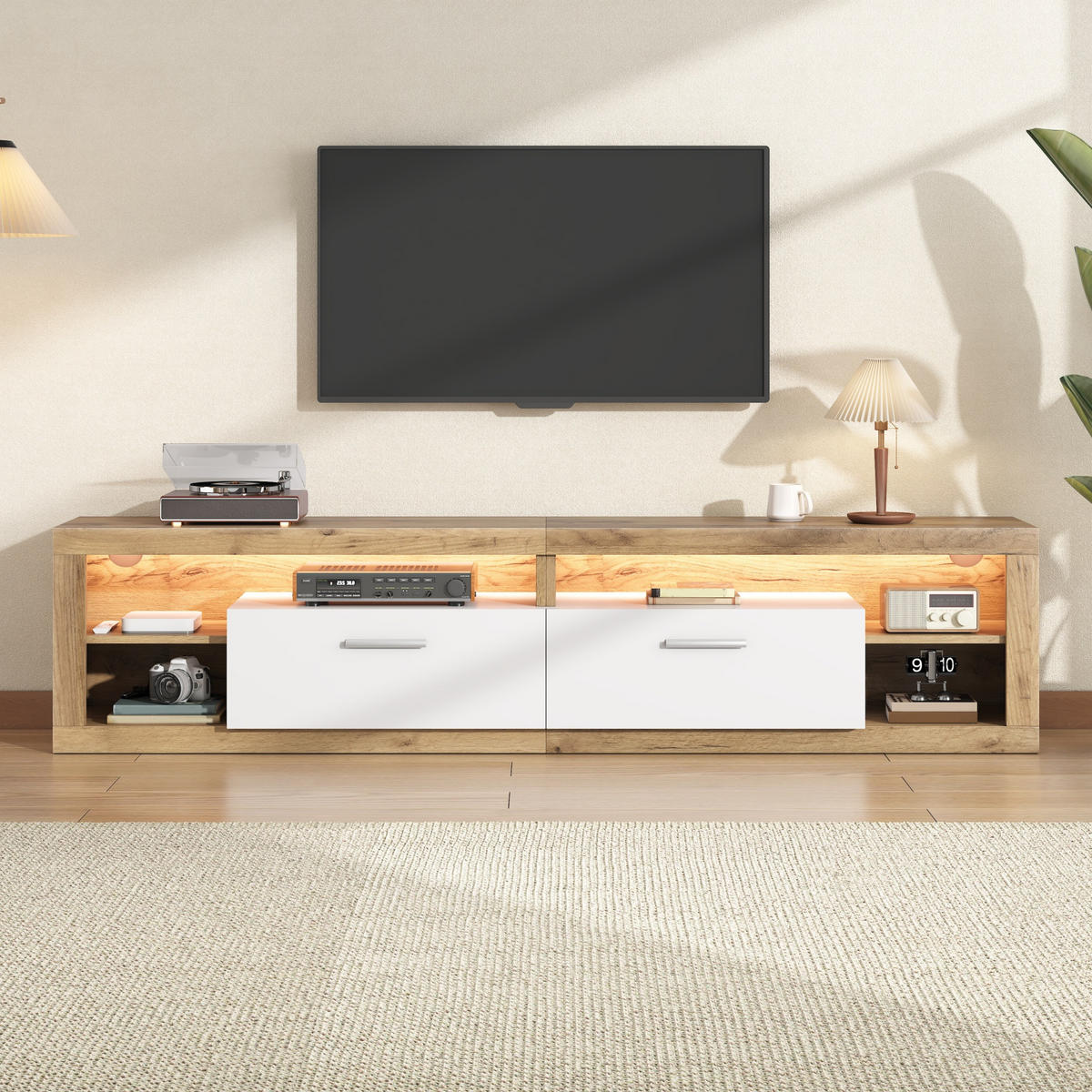 TV-SCHRANK 180cm LED 2 Schubladen 4 Fächer Lowboard Natur Weiß - Naturfarben, Holzwerkstoff (180/50/35.5cm) - FLIEKS