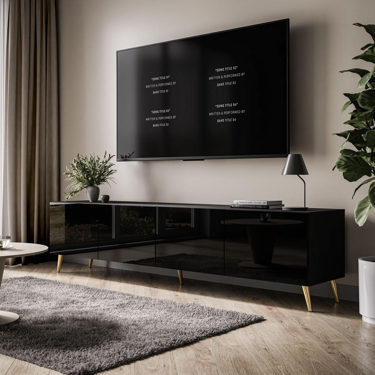 TV-ELEMENT AURA 200 Schwarz Hochglanz – Beinfarbe: Gold - Schwarz, Holzwerkstoff (200/49/40cm) - Lookway