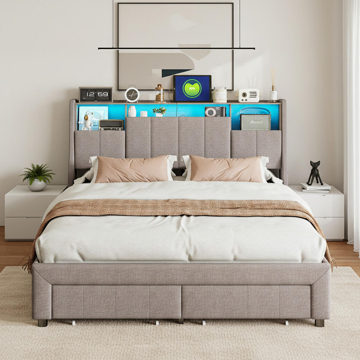 POLSTERBETT 160x2000 cm, Mit 2 Schubladen, LED-Beleuchtung, USB-Anschluss, Kopfteil mit Stauraum, Leinenstoff, Lattenrost - Grey - Grau, Holzwerkstoff (160/200cm) - Brevoria