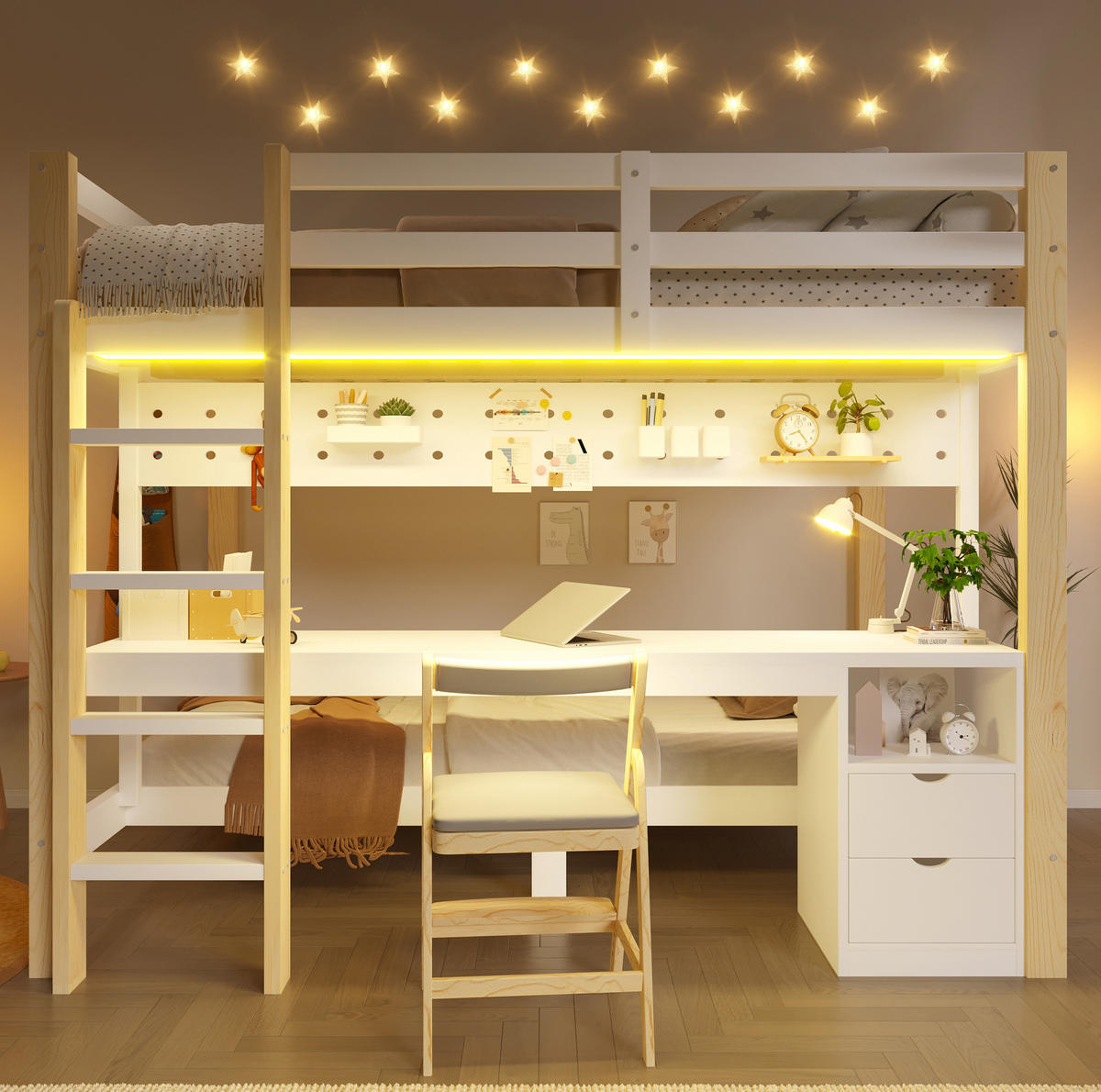 HOCHBETT 90/200 cm und 140/200 cm mit Schubladen, Schreibtisch und LED-Beleuchtung, Natur/Weiß - Weiß, Holz (90/200cm) - Redom