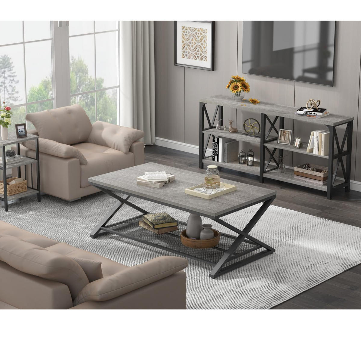 COUCHTISCH Holz Metall Industrial mit Ablage 120 x 60 x 45 cm - Hellgrau, Holzwerkstoff/Metall (60/120/45cm) - Quality Elegance