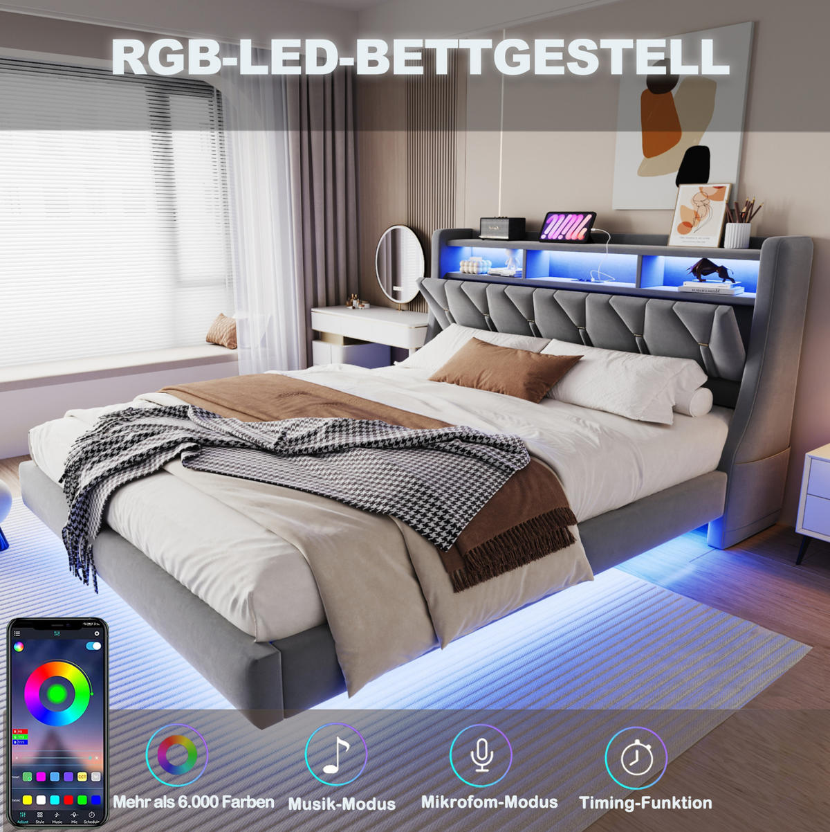 ČALOUNĚNÁ postel 180/200 cm šedá z sametu s LED osvětlením, USB a úložným čelem - šedá, kompozitní dřevo (180/200cm) - OKWISH