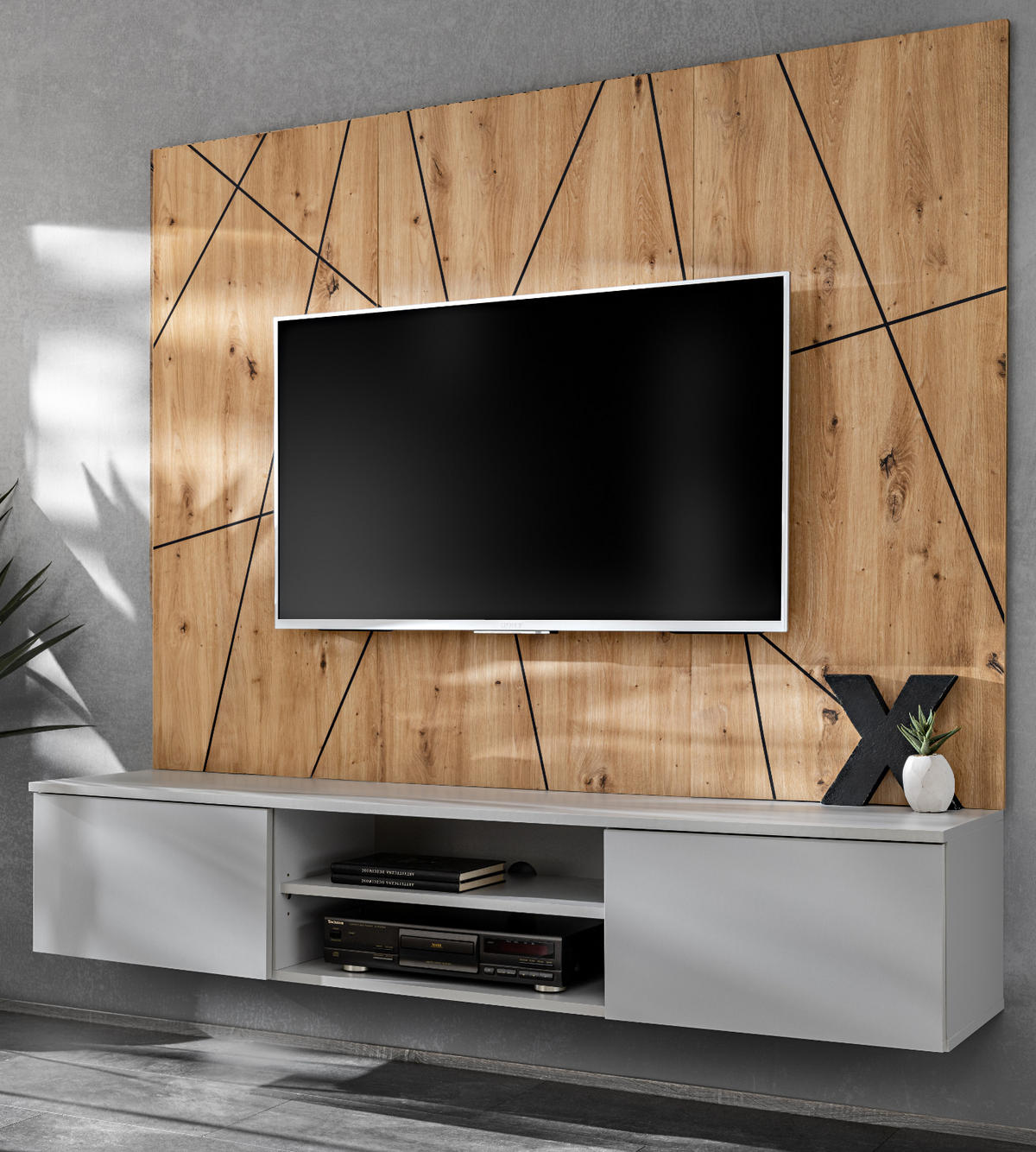TV-LOWBOARD grau, Eiche Artisan 160, TV-Unterschrank hängend mit Akustikpaneel - Hellgrau/Eiche Artisan, Glas/Holzwerkstoff (160/148/35cm) - Inn.Furn