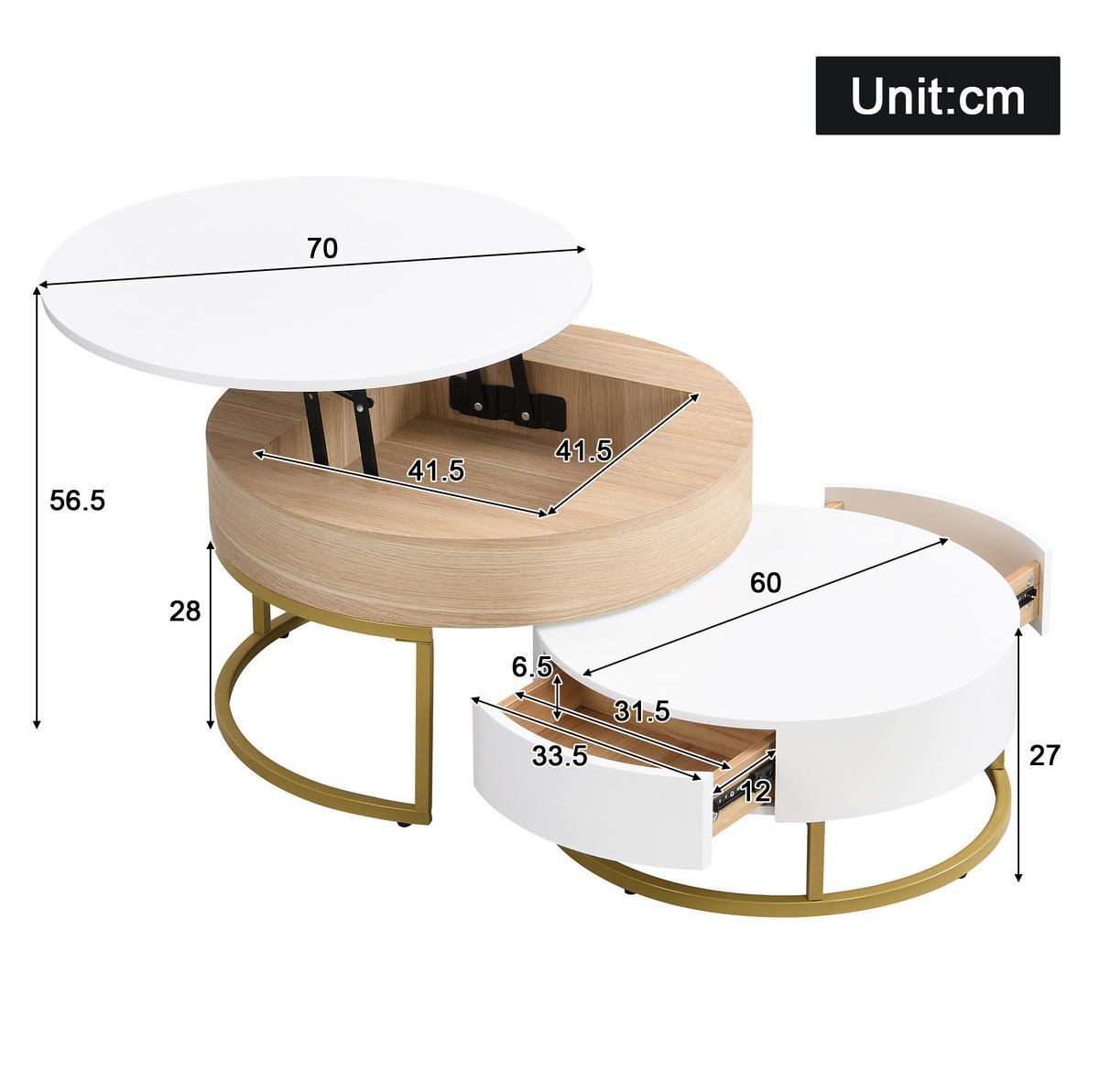COUCHTISCH-SET 70/70/56 und 60/60/27 cm mit höhenverstellbarer Tischplatte und Schublade, Weiß/Gold - Weiß, Holzwerkstoff (70/70/56.5cm) - Redom