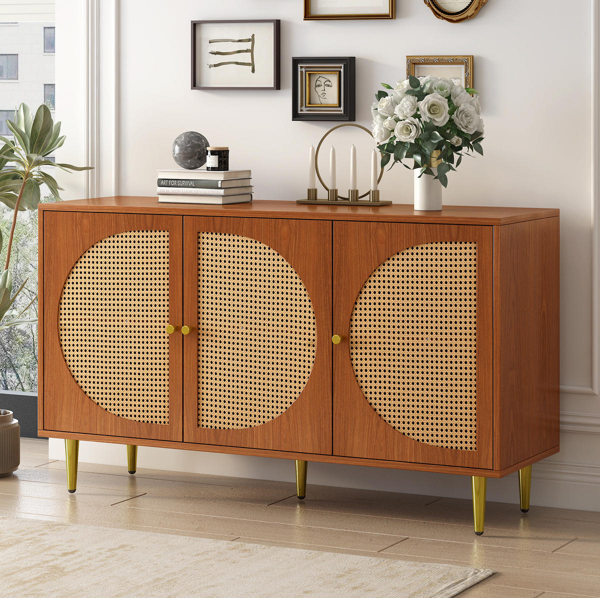 SIDEBOARD aus Spanplatte 129,8x40x76 cm Walnuss mit 3 Türen, verstellbaren Einlegeböden und Rattan-Optik - Walnussfarben, Holzwerkstoff (129.8/76/40cm) - Modfu