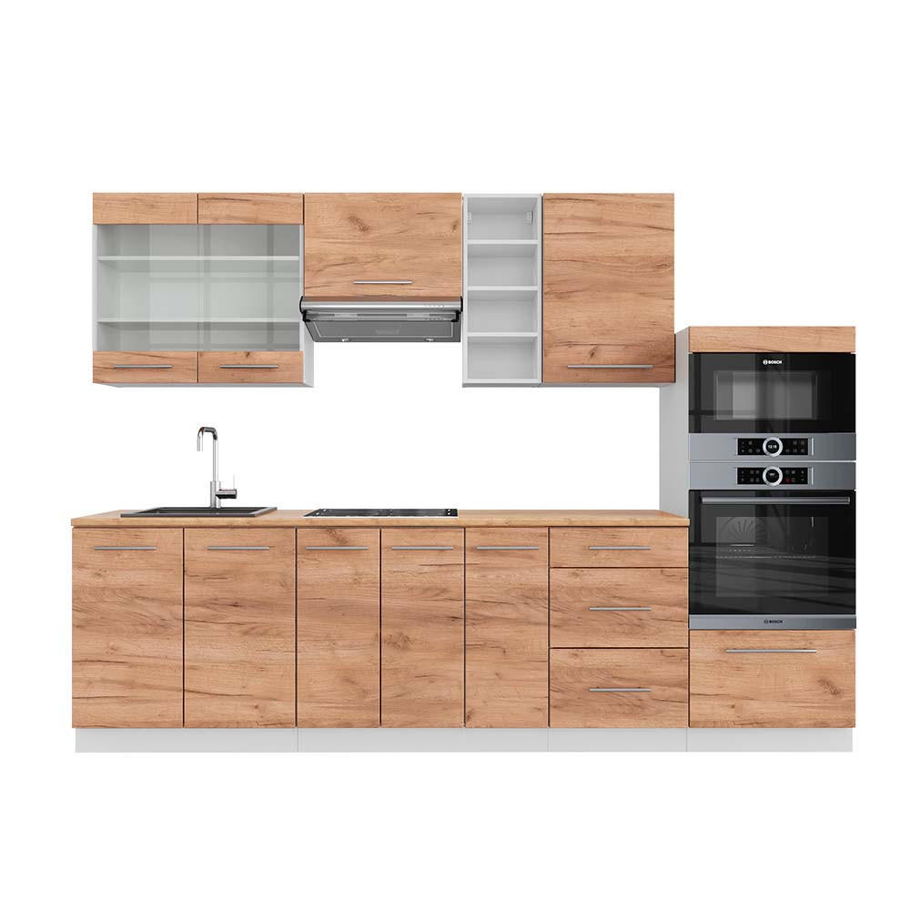KÜCHENZEILE Fame-Line Goldkraft Eiche/Weiß 280 cm, AP Eiche - Eiche Wotan/Weiß, Holzwerkstoff (280/81.6/60cm) - Vicco