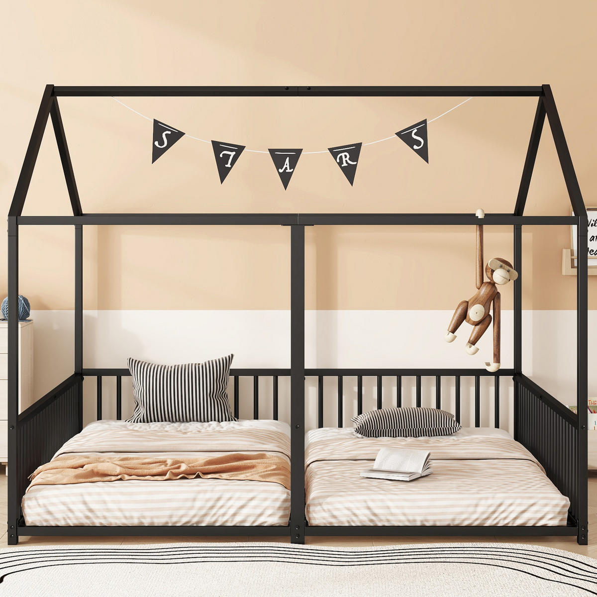METALLBETT aus Metall 90x200 cm Schwarz mit Sicherheitsgeländer, Leiter und Hausform - Schwarz, Metall (90/200cm) - Modfu